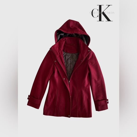 🛍️SALE🛍️ Calvin Klein Women's Wool Blend Burgundy Hooded Coat - Picture 4 of 10